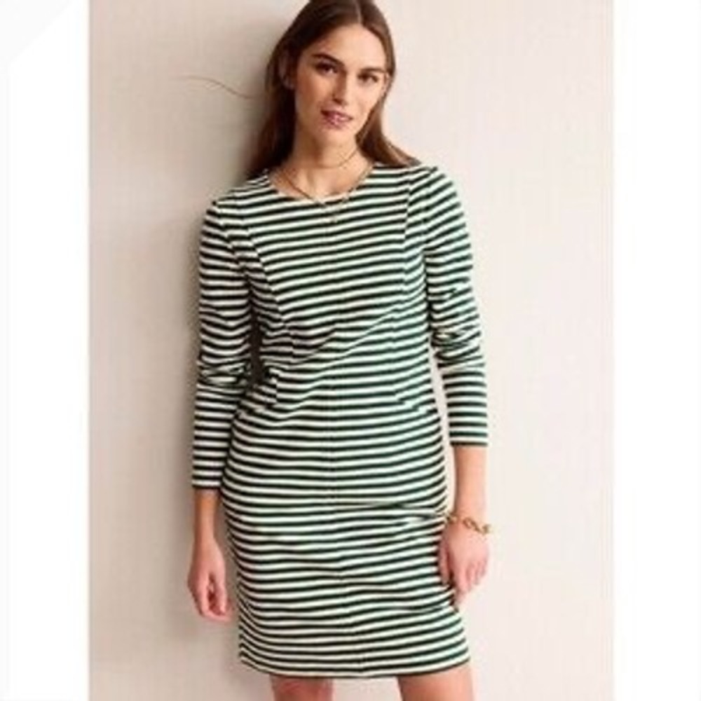 Boden Striped Long Sleeve Sheath Dress Womens 6L Green White Excellent Ribbed